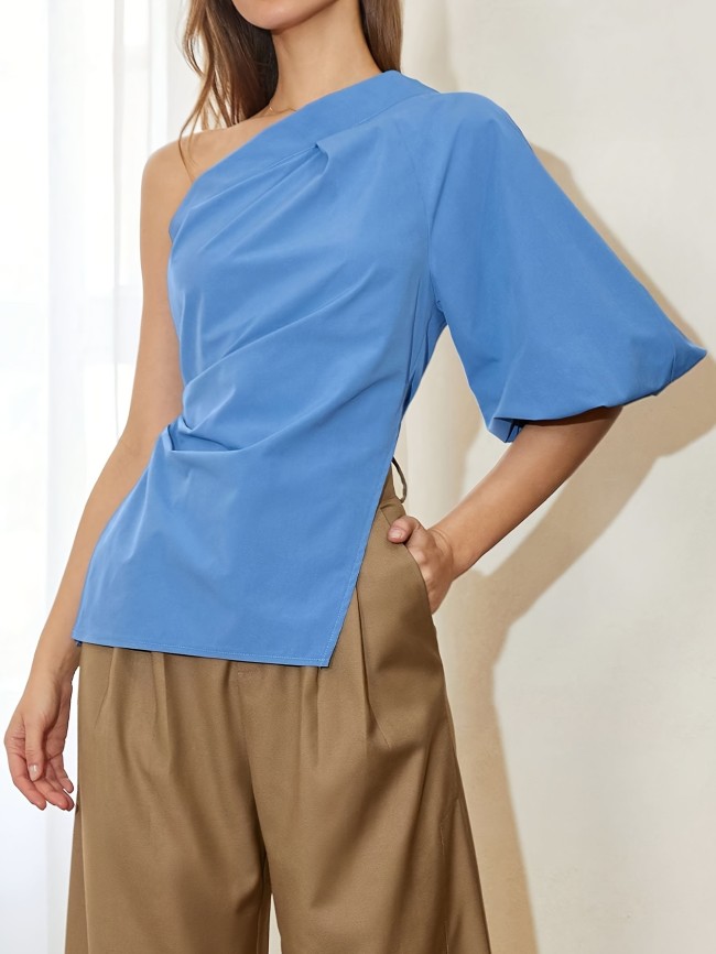 Solid One Shoulder Asymmetrical Blouse, Casual Half Sleeve Split Blouse For Spring & Summer, Women's Clothing