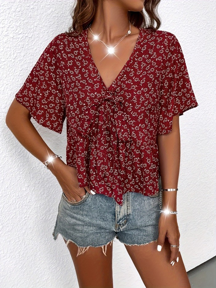 Allover Print V Neck Tied Blouse, Casual Short Sleeve Blouse For Spring & Summer, Women's Clothing