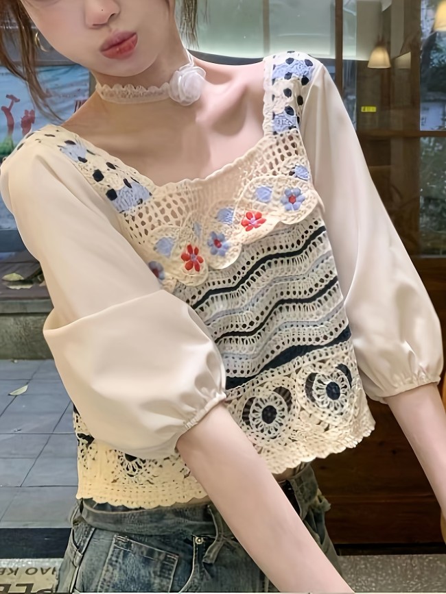 Floral Crochet Square Neck Blouse, Chic Lantern Sleeve Crop Top For Spring & Summer, Women's Clothing