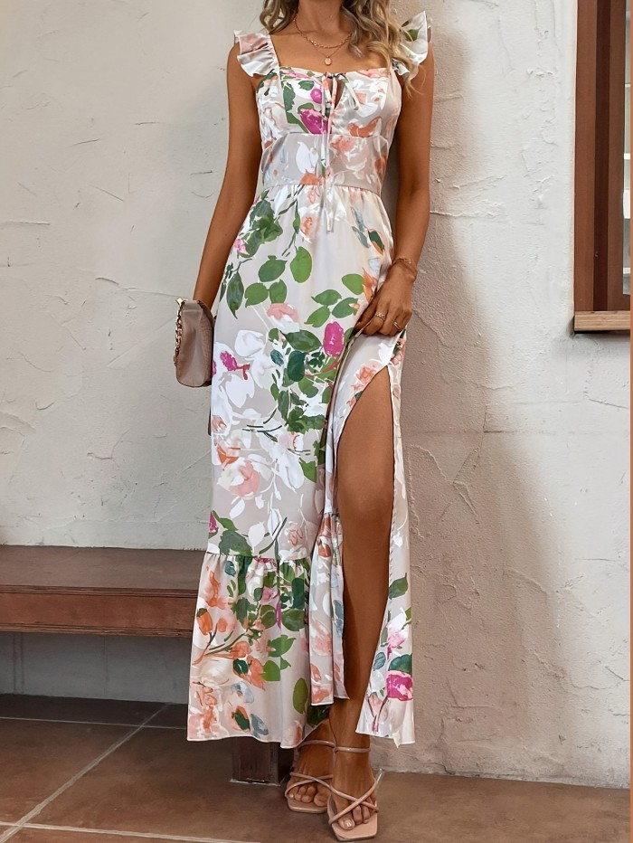 Floral Print Side Slit Dress, Elegant Cap Sleeve Backless Ankle Length Dress For Spring & Summer, Women's Clothing