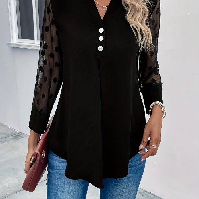 Dot Print Mesh Splicing Blouse, Casual Notched Neck  Button Decor Blouse For Spring & Fall, Women's Clothing