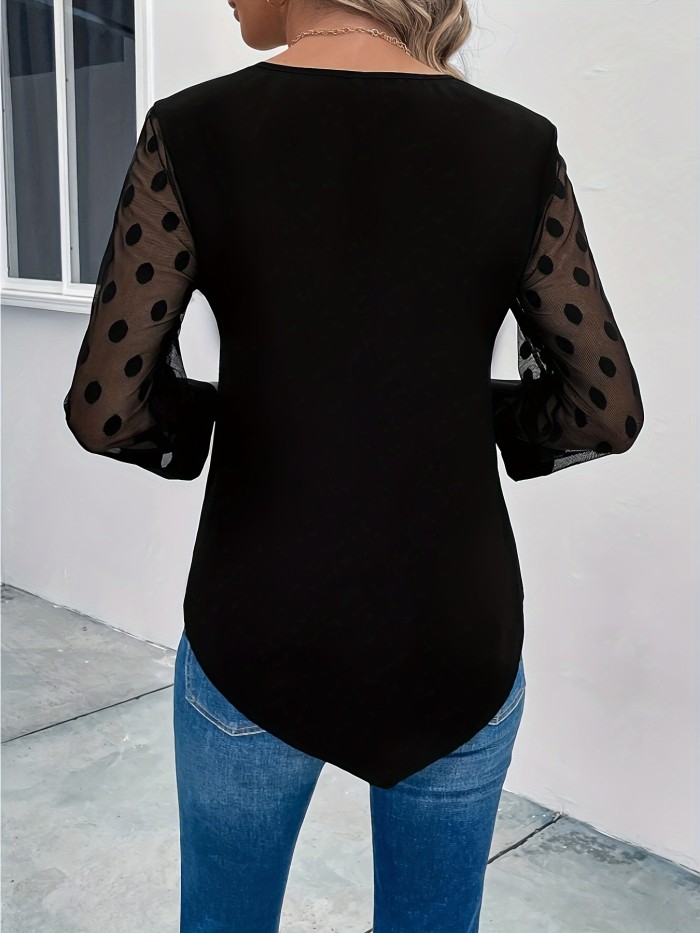 Button Notch Neck Blouse, Casual Long Illusion Sleeve Polka-dot Blouse, Women's Clothing