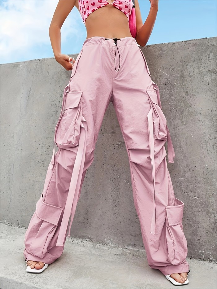Solid Flap Pockets Wide Leg Cargo Pants, Casual Drawstring Pants For Spring & Fall, Women's Clothing