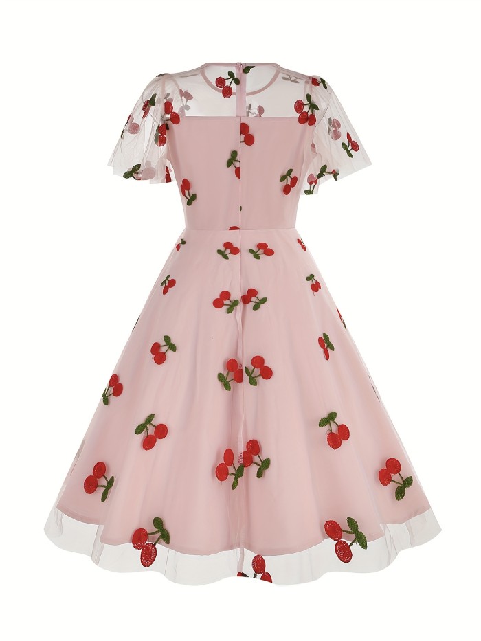 Heart Print Mesh Overlay Dress, Vintage Short Sleeve Crew Neck Flare Dress, Women's Clothing ,Valentine's Day