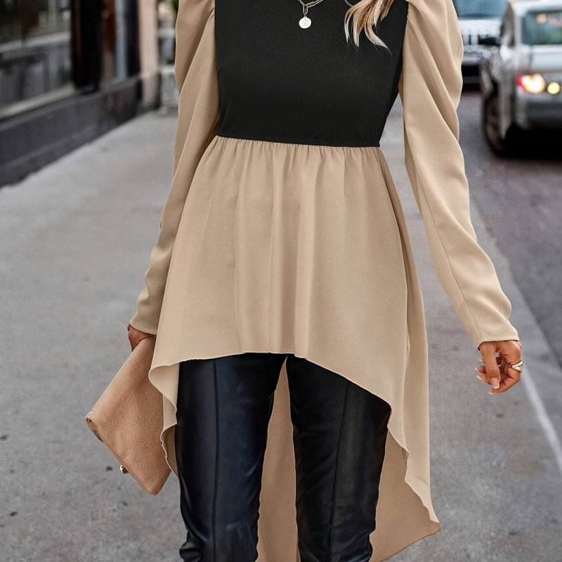 High Low Hem 2 In 1 Blouse, Elegant Long Sleeve Blouse For Spring & Fall, Women's Clothing