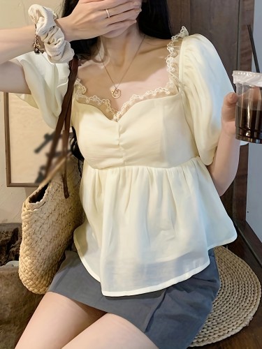 Solid Ruffle Lace Trim Ruched Blouse, Sweet Short Sleeve Blouse For Spring & Summer, Women's Clothing