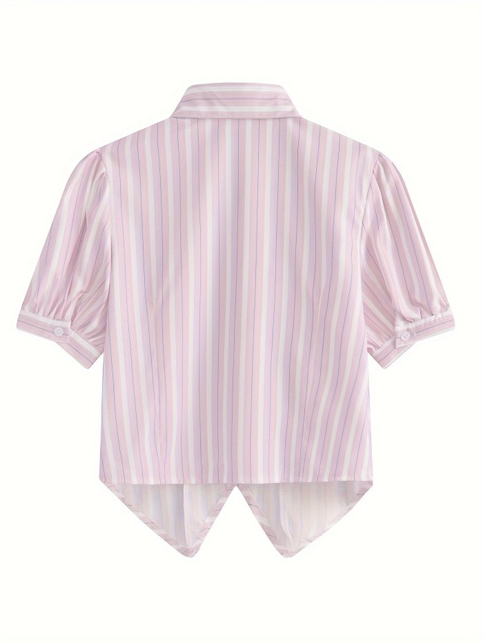 Striped Print Embroidered Shirt, Casual Short Sleeve Shirt For Spring & Summer, Women's Clothing