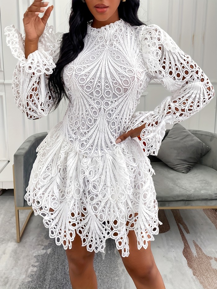 Guipure Lace Eyelet  Embroidered Dress, Versatile Mock Neck Long Sleeve Mini Dress For Club & Party, Women's Clothing
