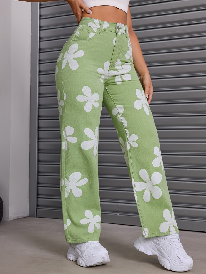 Green Floral Pattern Straight Jeans, Loose Fit Non-Stretch Casual Denim Pants, Women's Denim Jeans & Clothing