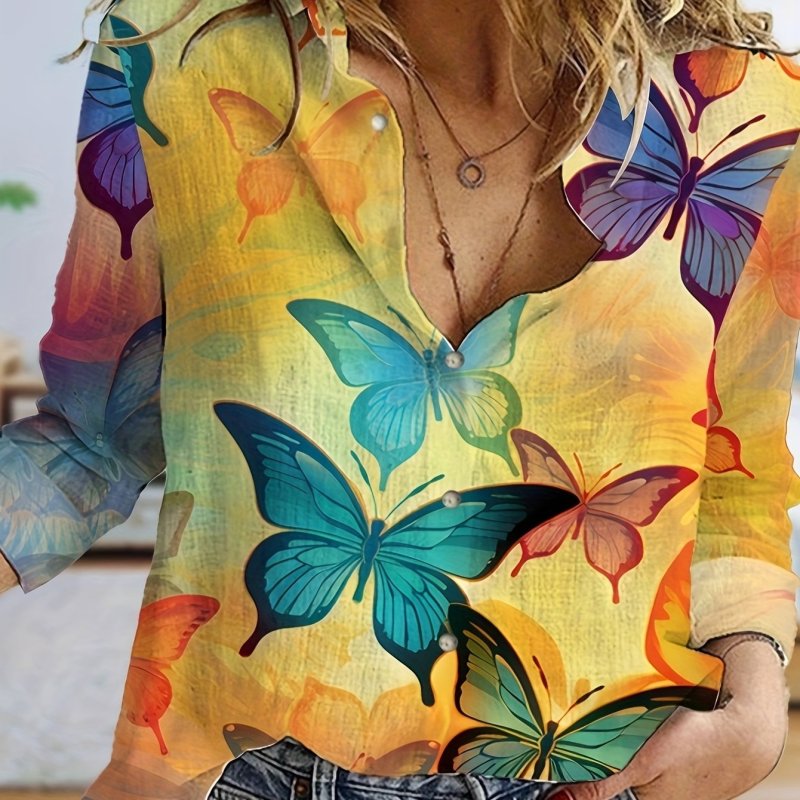 Butterfly Print Button Front Shirt, Casual Long Sleeve Shirt For Spring & Fall, Women's Clothing
