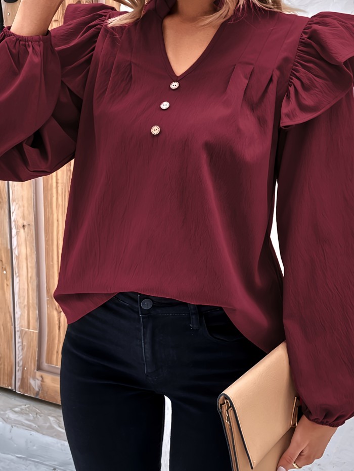 Ruffle Trim Button V Neck Blouse, Casual Long Sleeve Blouse For Spring & Fall, Women's Clothing