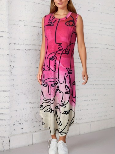 Abstract Print With Pocket Loose Dress, Casual Sleeveless Tank Dress For Spring & Summer, Women's Clothing