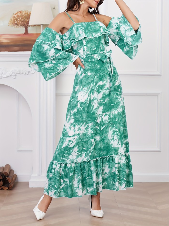 Allover Print Cold Shoulder Dress, Elegant Ruffle Hem Layered Long Sleeve Dress, Women's Clothing