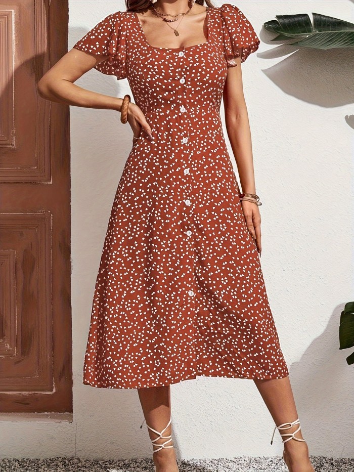 Allover Print Button Front Dress, Elegant Flutter Sleeve Square Neck Dress For Spring & Summer, Women's Clothing