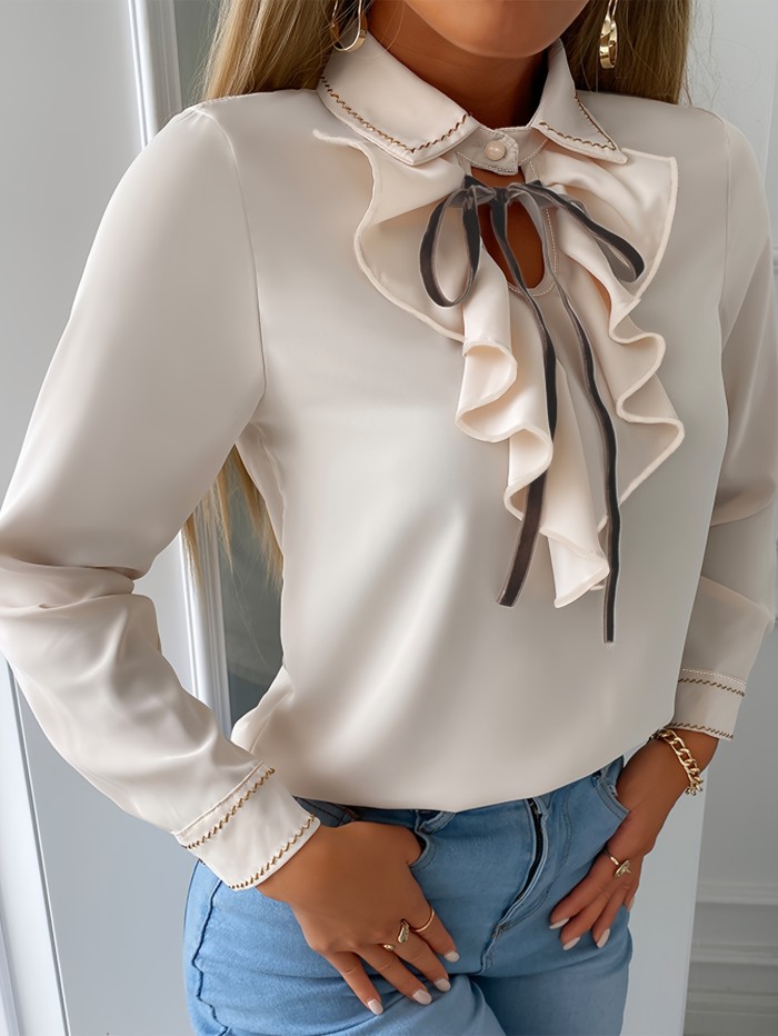 Ruffle Trim Tie Neck Blouse, Elegant Long Sleeve Blouse For Spring & Fall, Women's Clothing