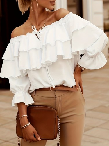 Ruffle Trim Layered Blouse, Sexy Off Shoulder Solid Blouse, Women's Clothing