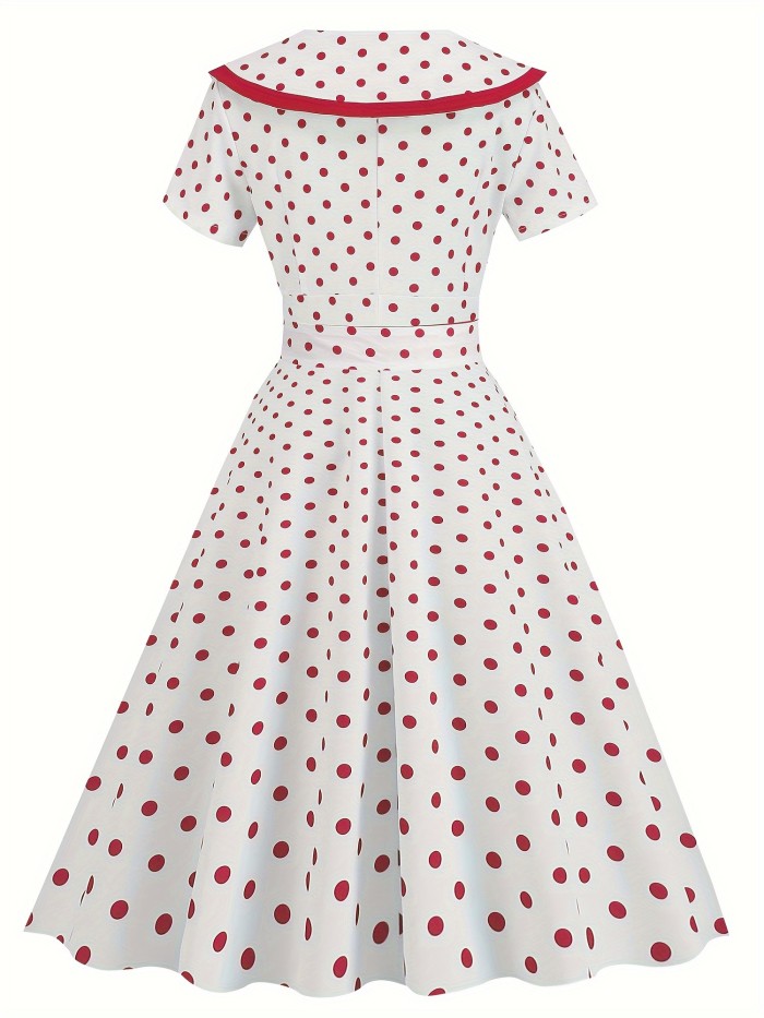 Polka-dot Print Ruffle Hem Aline Dress, Vintage Peter Pan Collar Swing Belted Dress For Spring & Summer, Women's Clothing