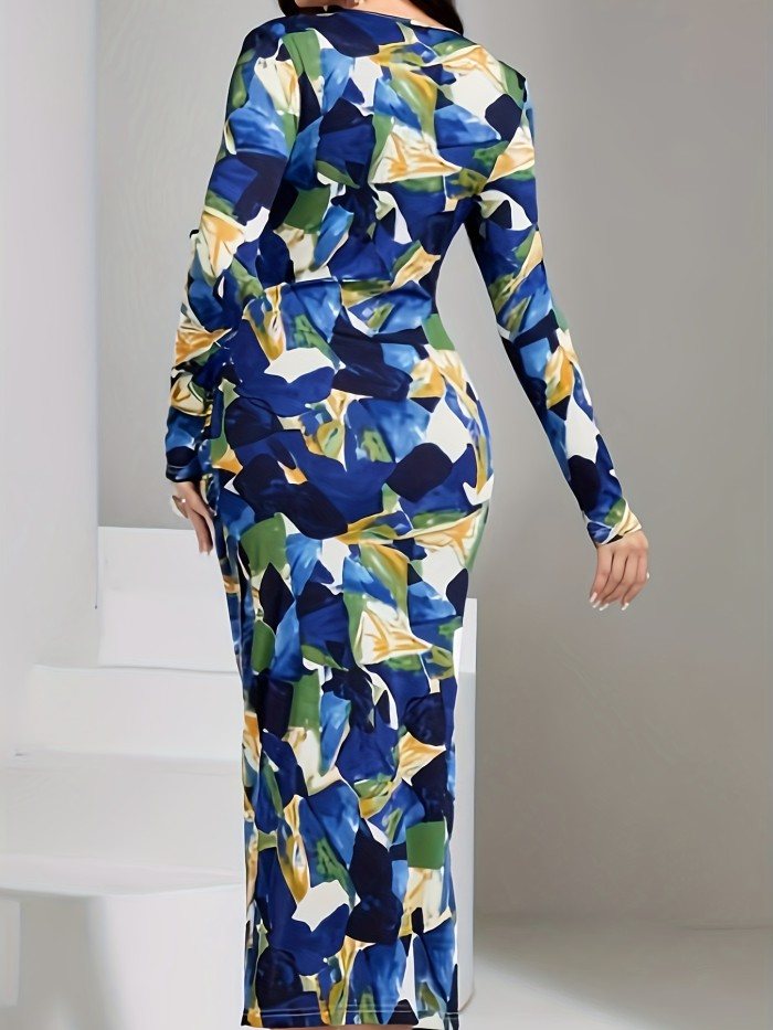 Geo Allover Print Split Bodycon Dress, Elegant Surplice Neck Long Sleeve Dress, Women's Clothing