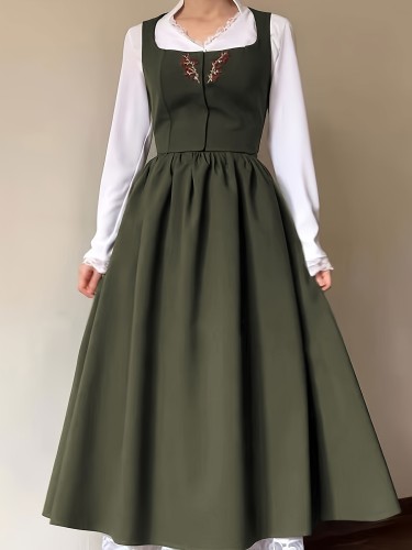 Embroidered Square Neck Tank Dress, Elegant Sleeveless Ruffle Hem Swing Aline Dress, Women's Clothing