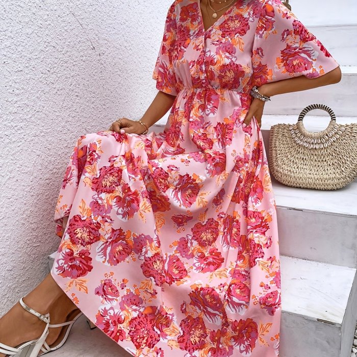 Floral Print Surplice Neck Dress, Vacation High Waist Short Sleeve Maxi Dress, Women's Clothing