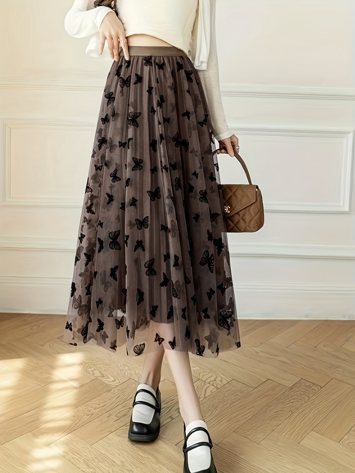 Butterfly Print Pleated Skirts, Elegant Maxi High Waist Skirts, Women's Clothing