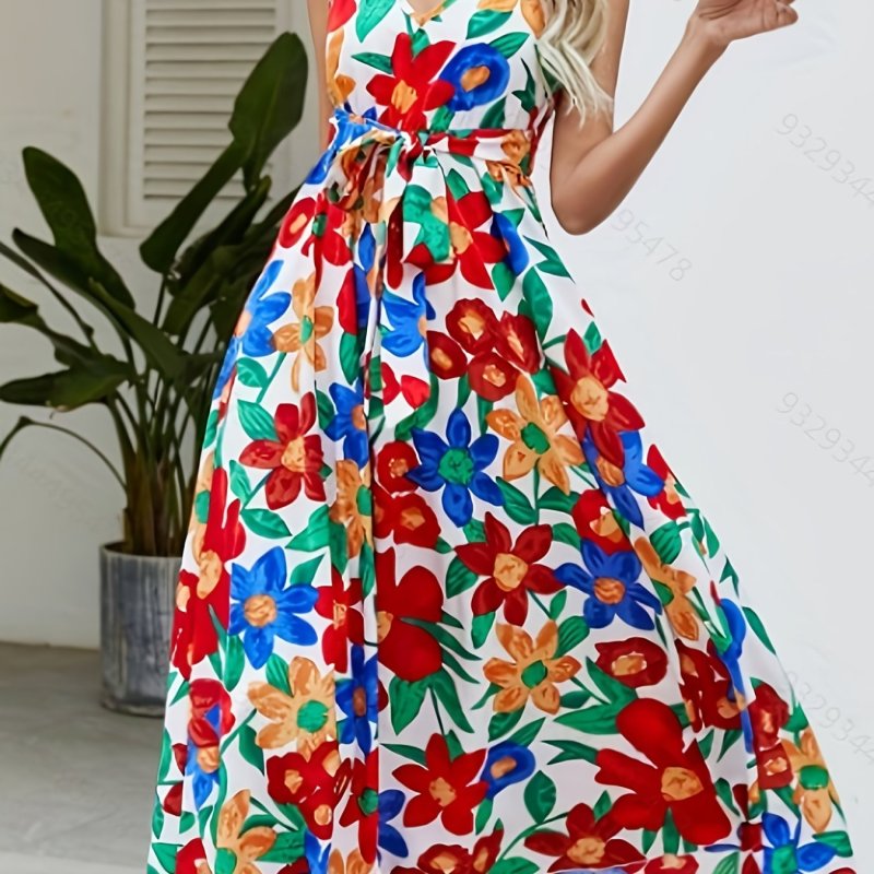 Floral Print V-neck Belted Dress, Elegant Sleeveless Summer Dress, Women's Clothing