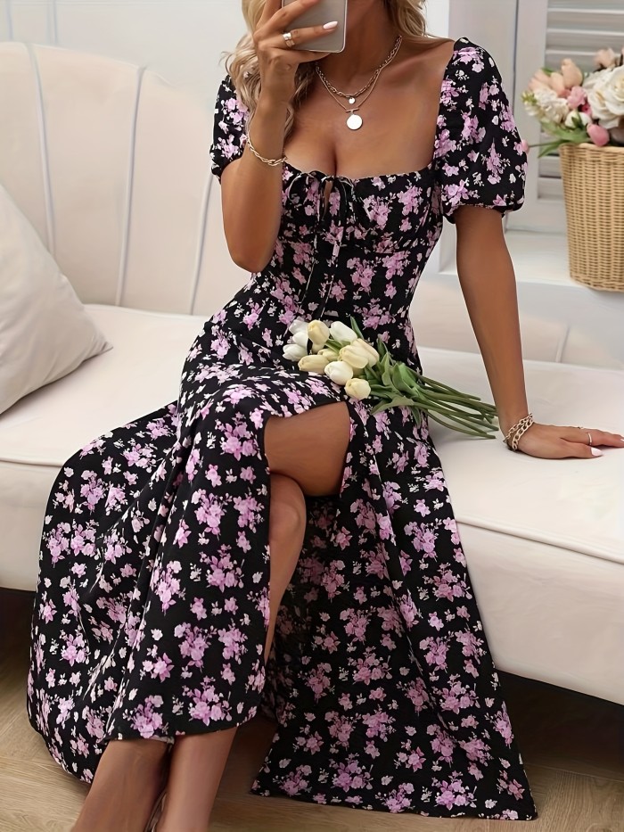 Floral Print Puff Sleeve Dress, Chic Split Hem A-line Dress For Spring & Summer, Women's Clothing