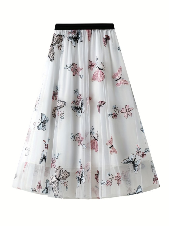 Butterfly Embroidered Mesh Skirt, Elegant High Waist Skirt, Women's Clothing