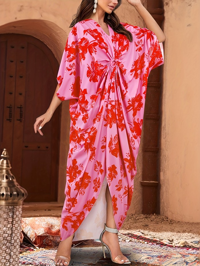 Floral Print Batwing Sleeve Maxi Cover Up Dress, Loose Fit Ruched V Neck Beach Kaftan, Women's Swimwear & Clothing