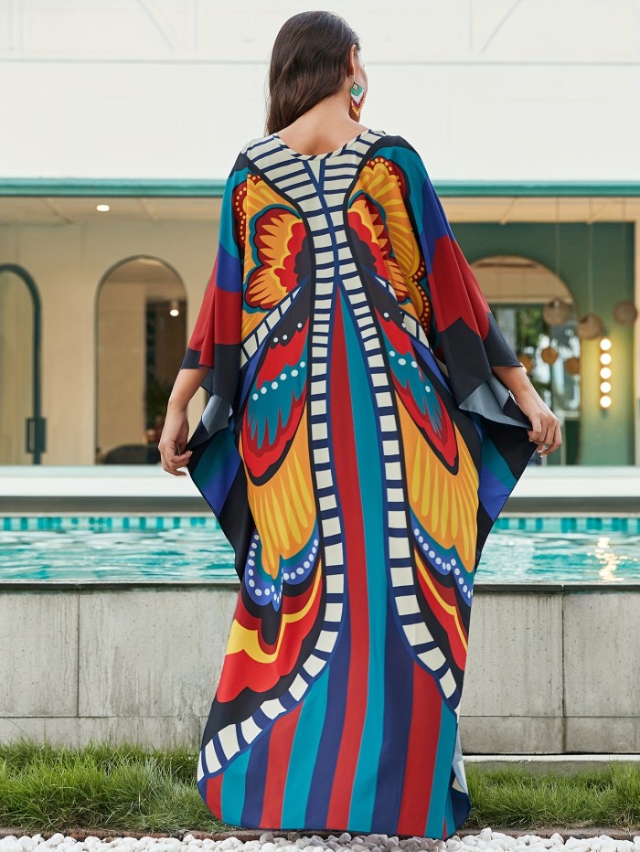 Plus Size Elegant Kaftan Dress, Women's Plus Allover Print Batwing Sleeve V Neck Side Split Maxi Jalabiya Dress