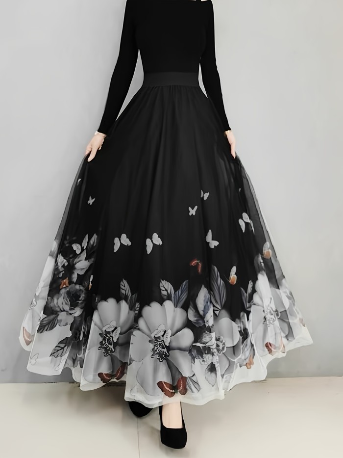 Floral & Butterfly Print High Waist Skirt, Elegant Ruffle Hem Flowy Maxi Skirt, Women's Clothing