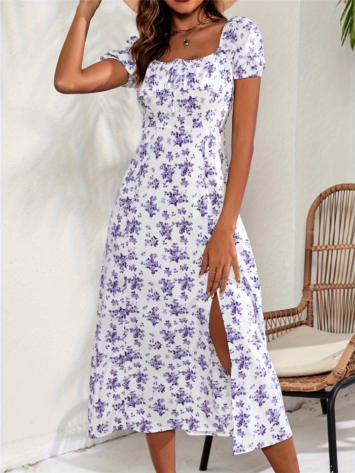 Floral Print Square Neck Dress, Casual Split Short Sleeve Dress For Spring & Summer, Women's Clothing