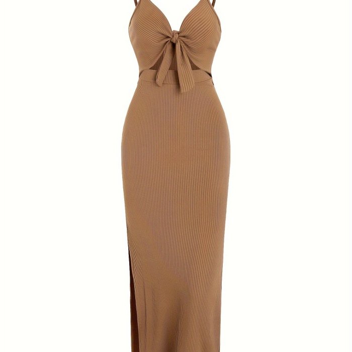 Sexy Spaghetti Strap Ribbed Knot Cutout Side Split Maxi Dress, Solid Body-Con Dress For Spring & Fall, Women's Clothing