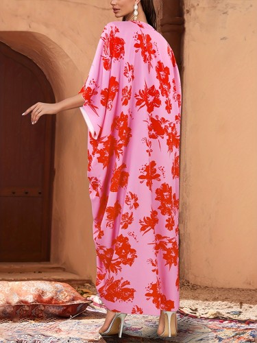 Floral Print Batwing Sleeve Maxi Cover Up Dress, Loose Fit Ruched V Neck Beach Kaftan, Women's Swimwear & Clothing