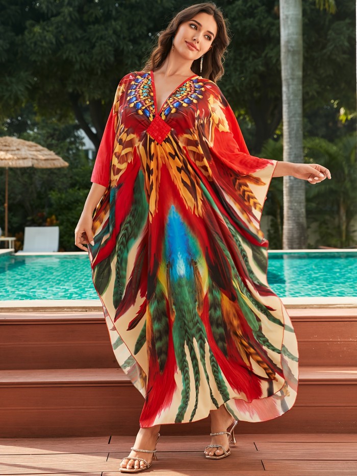 Plus Size All Over Print Dress, Casual V Neck Batwing Sleeve Dress, Women's Plus Size Clothing