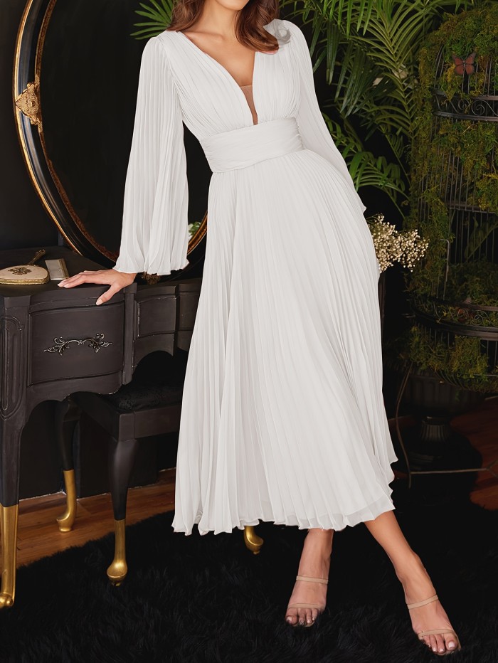 Pleated Backless Solid Dress, Elegant V Neck Long Sleeve Party Dress, Women's Clothing