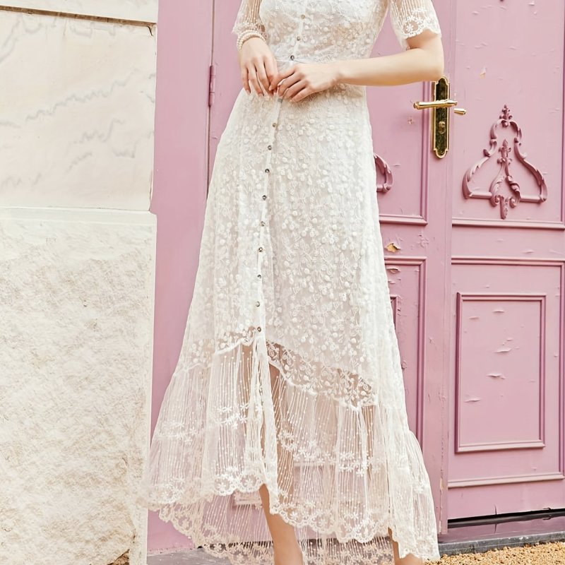 Contrast Lace Button Front Dress, Elegant V Neck Short Sleeve Midi Dress, Women's Clothing