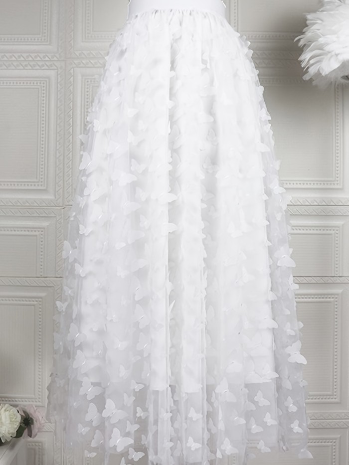 Butterfly Applique Mesh Skirt, Elegant Skirt For Spring & Fall, Women's Clothing