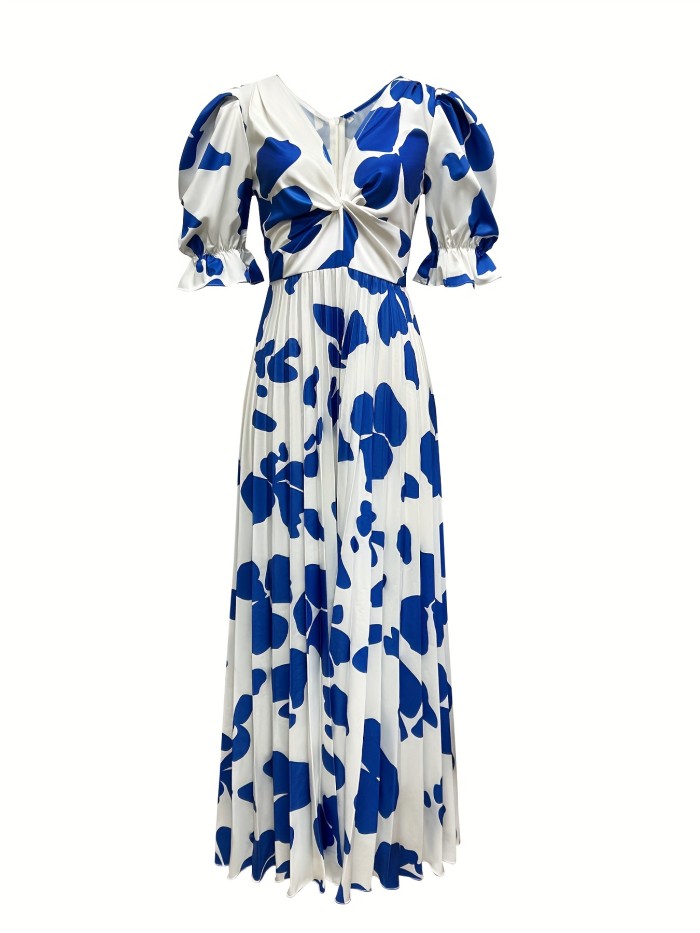 Allover Print Pleated A-line Dress, Twist Front Elegant 3\u002F4 Sleeve Dress, Women's Clothing