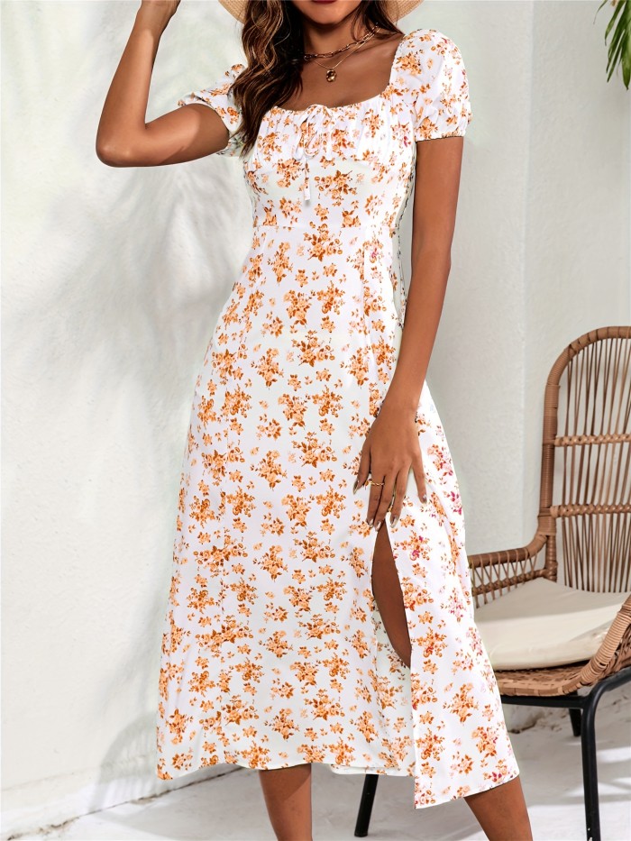 Floral Print Square Neck Dress, Casual Split Short Sleeve Dress For Spring & Summer, Women's Clothing