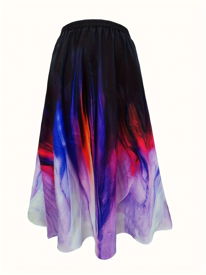 Plus Size Elegant Skirt, Women's Plus Ombre Print Elastic Waist Slight Stretch Flowy Skirt