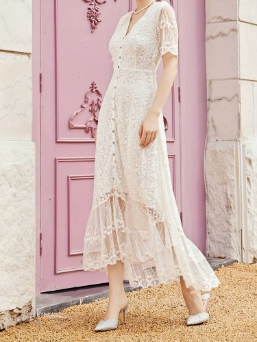 Contrast Lace Button Front Dress, Elegant V Neck Short Sleeve Midi Dress, Women's Clothing