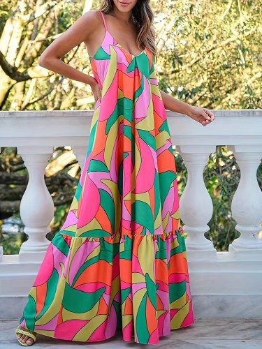 Allover Print Maxi Dress, Boho Spaghetti Strap Loose Sleeveless Dress, Women's Clothing