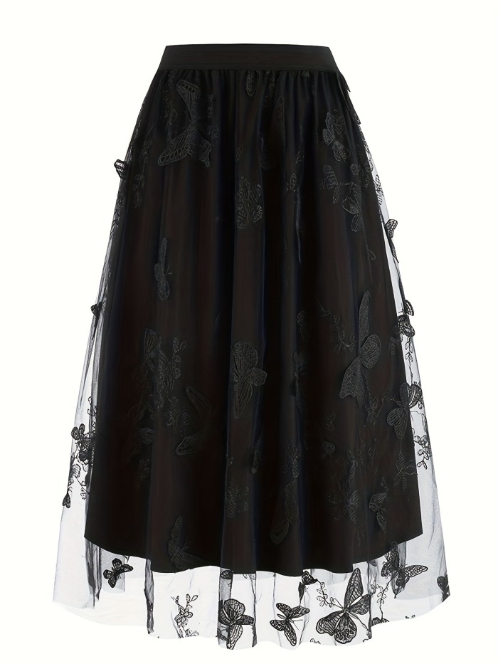 Butterfly Embroidered Mesh Skirt, Elegant High Waist Skirt, Women's Clothing