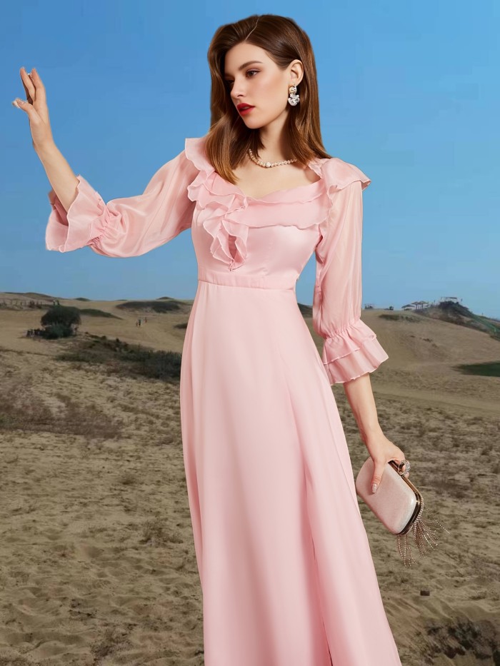 Square Collar Solid Party Dress For Valentine's Day Gifts, Ruffles Elegant Formal Evening Prom Dress, Women's Clothing