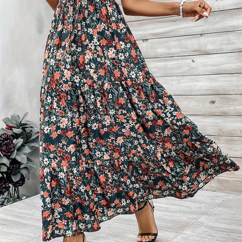 Floral Print Ruffle Hem Skirt, Vintage High Waist Swing Skirt For Spring & Fall, Women's Clothing