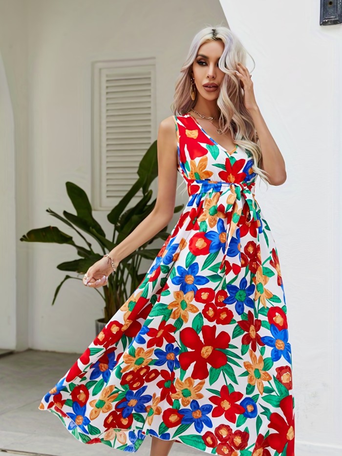 Floral Print V-neck Belted Dress, Elegant Sleeveless Summer Dress, Women's Clothing