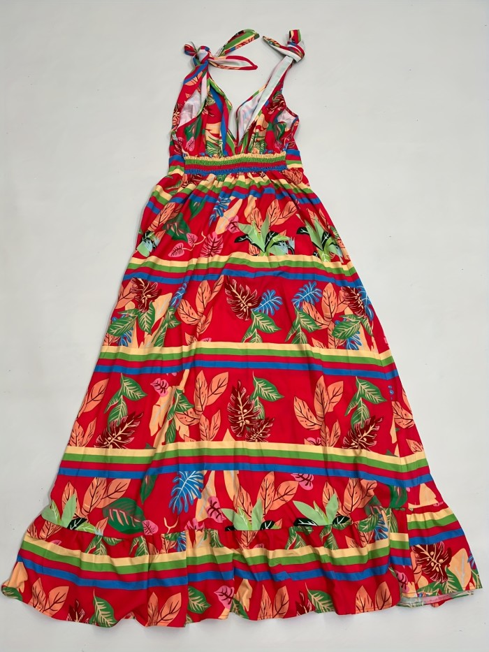 Plus Size Casual Tank Dress, Women's Plus Colorblock Leaf Print Tie Shoulder V Neck Maxi Smock Dress