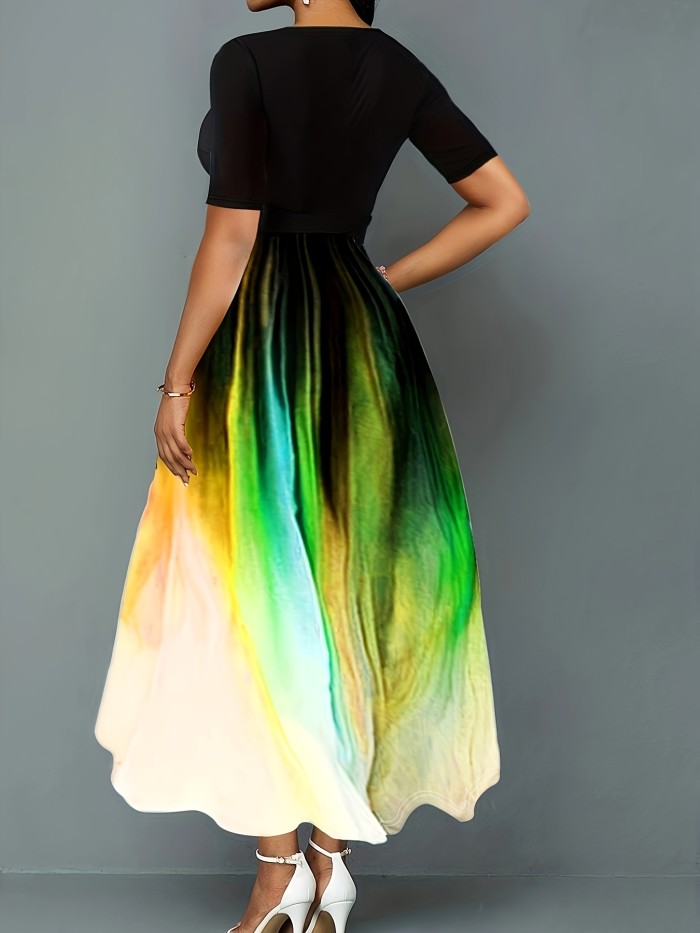 Plus Size Casual Dress, Women's Plus Colorblock Random Print Half Sleeve Surplice Neck Slight Stretch Maxi Dress