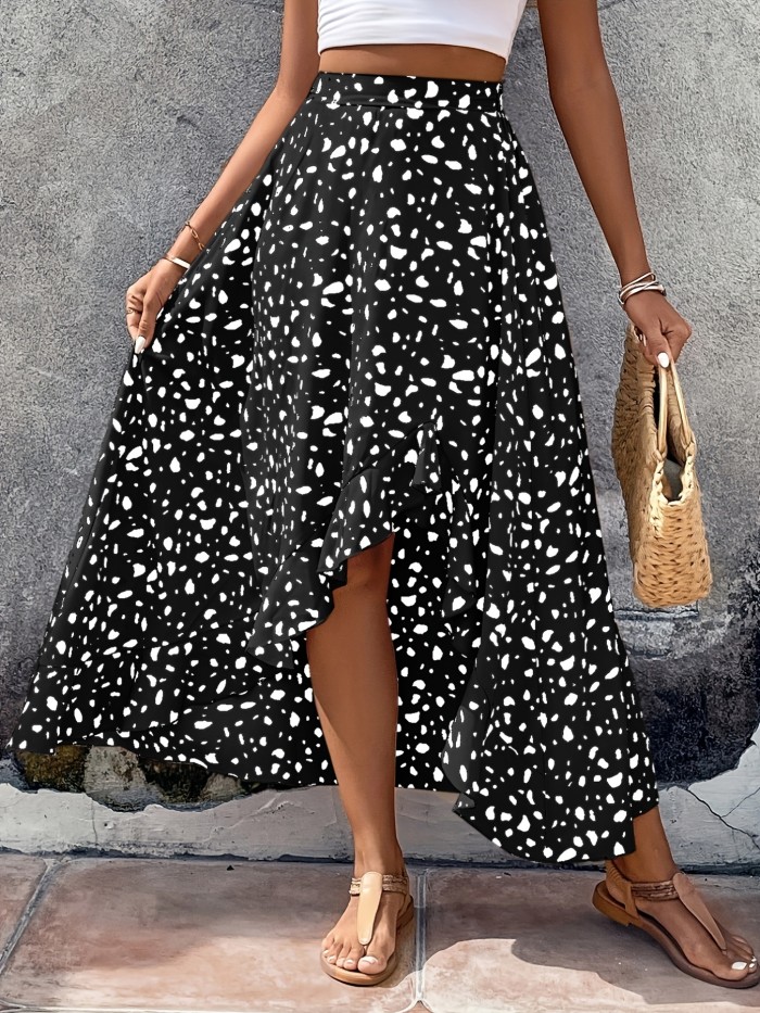 Dalmatian Print Ruffle Hem Skirt, Casual Skirt For Spring & Summer, Women's Clothing